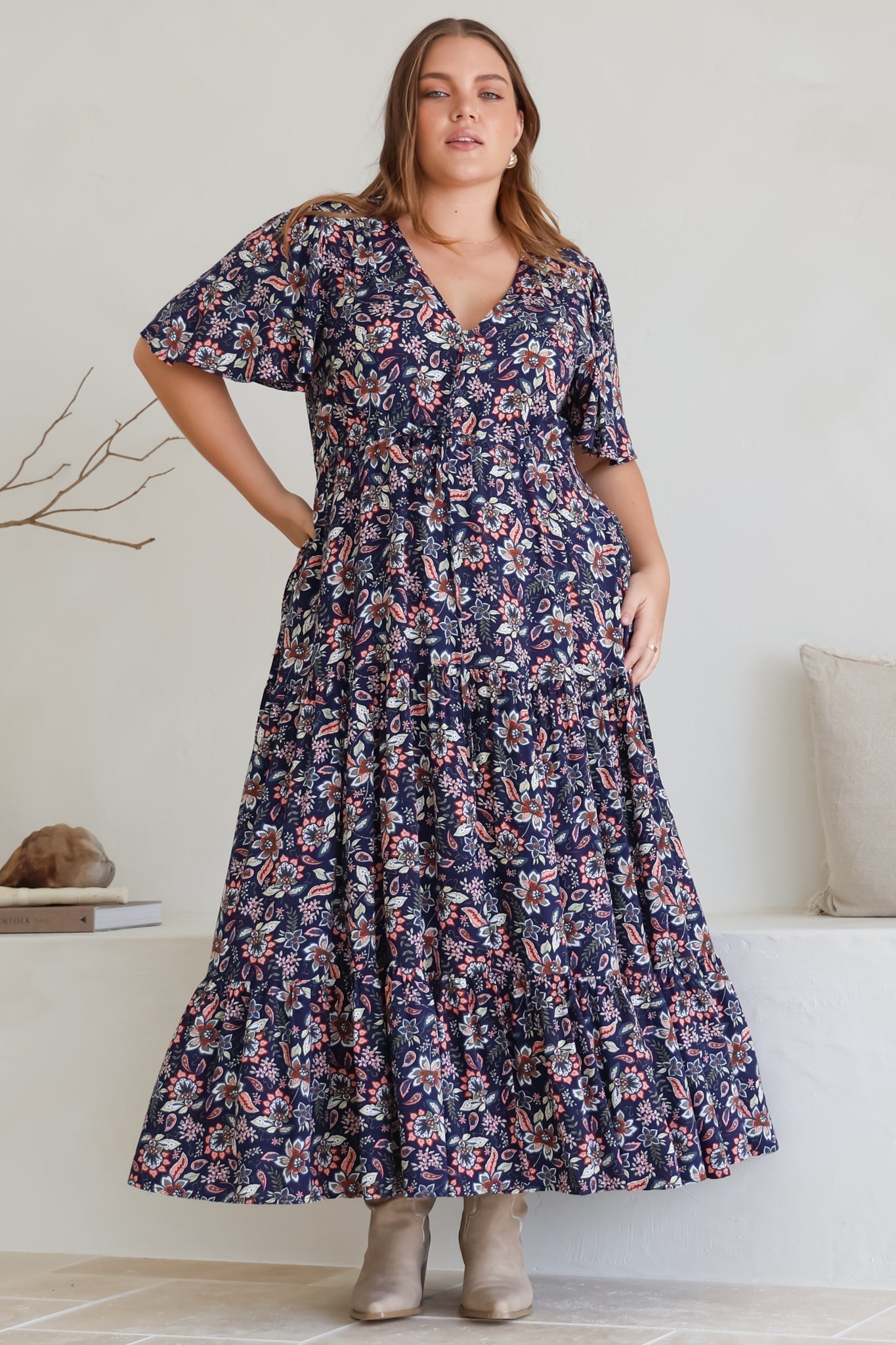Adhira Maxi Dress - Buttoned Bodice A Line Dress With Flute Sleeves In Marla Print Navy