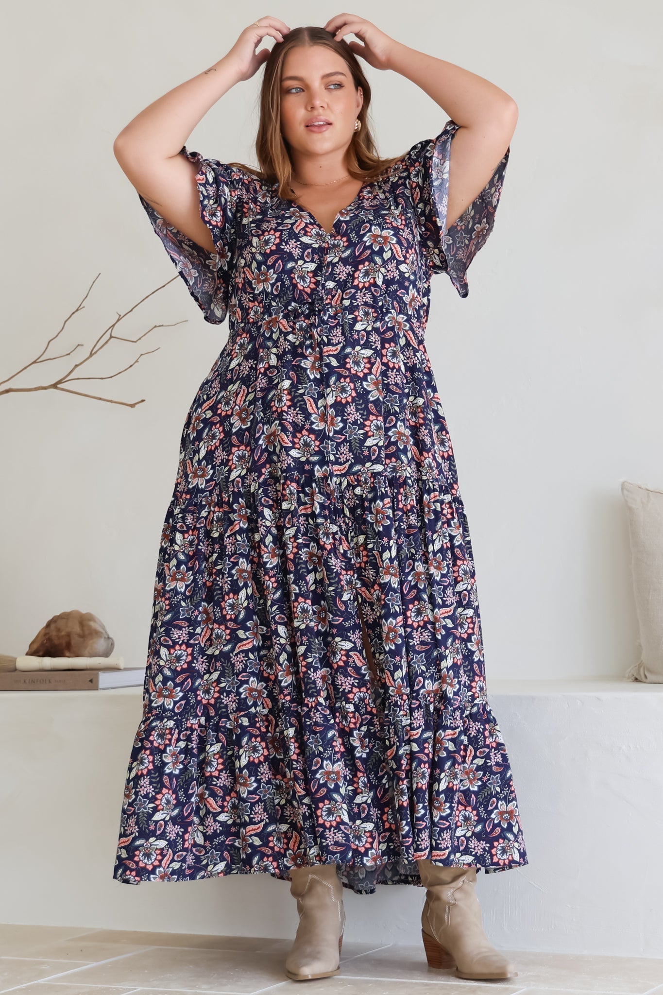 Adhira Maxi Dress - Buttoned Bodice A Line Dress With Flute Sleeves In Marla Print Navy