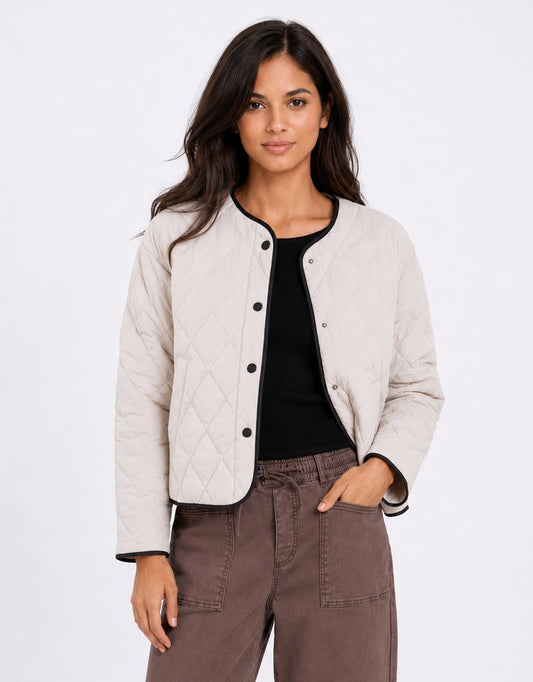 Apex Collarless Quilted Contrast Piping Puffer Jacket - Bone