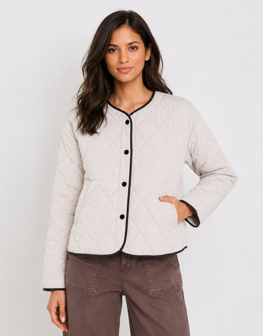 Apex Collarless Quilted Contrast Piping Puffer Jacket - Bone