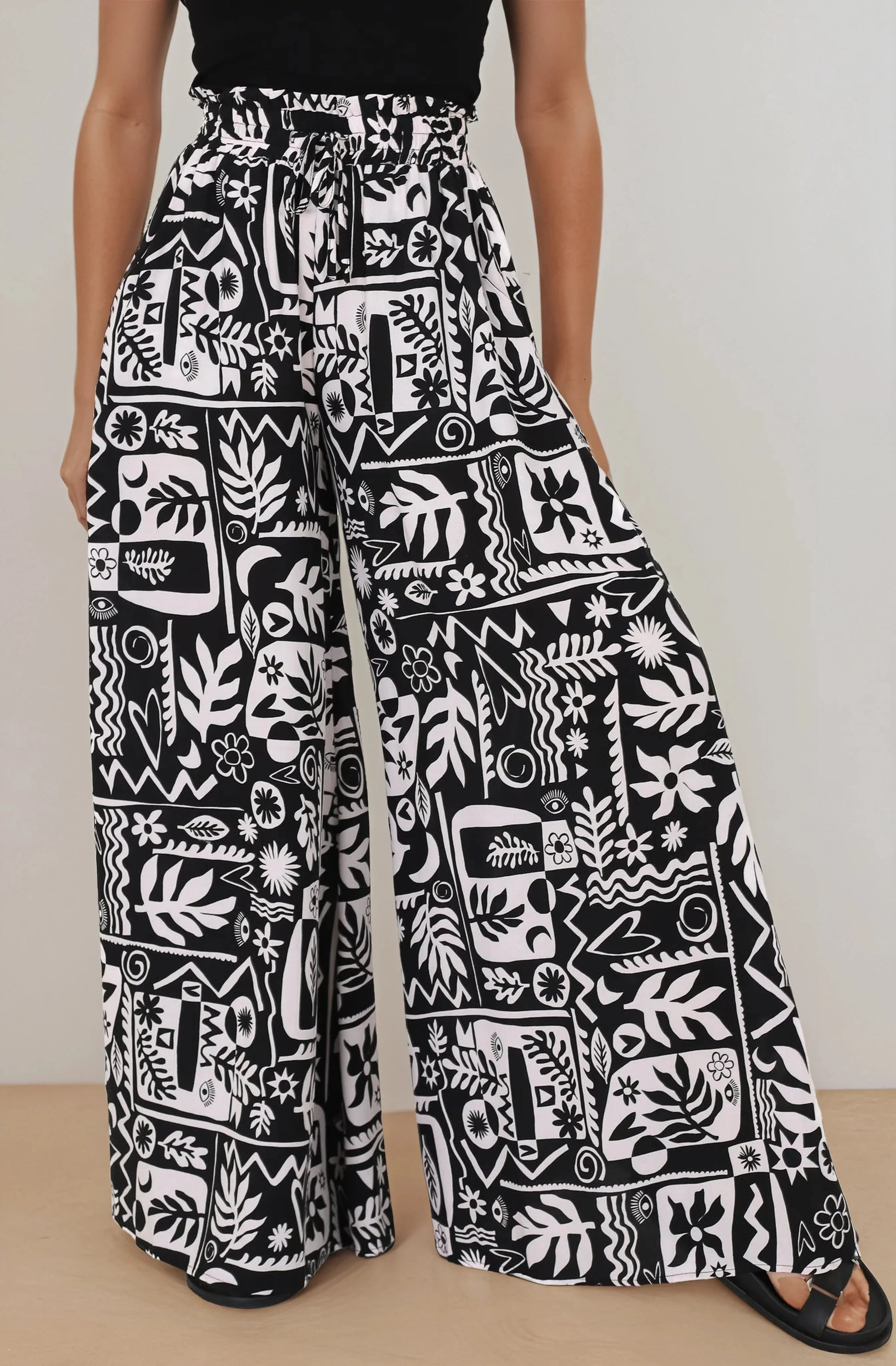 Ashora Pants - Paper Bag High Waisted Wide Leg Pants with Black & White Graphic Print