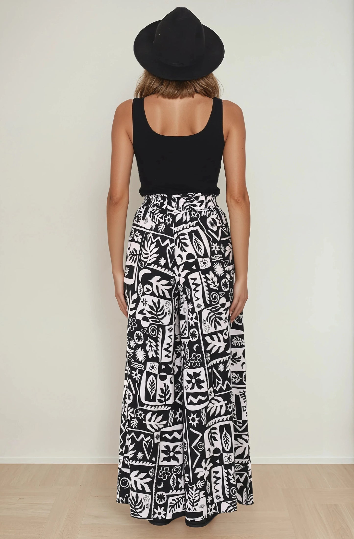 Ashora Pants - Paper Bag High Waisted Wide Leg Pants with Black & White Graphic Print