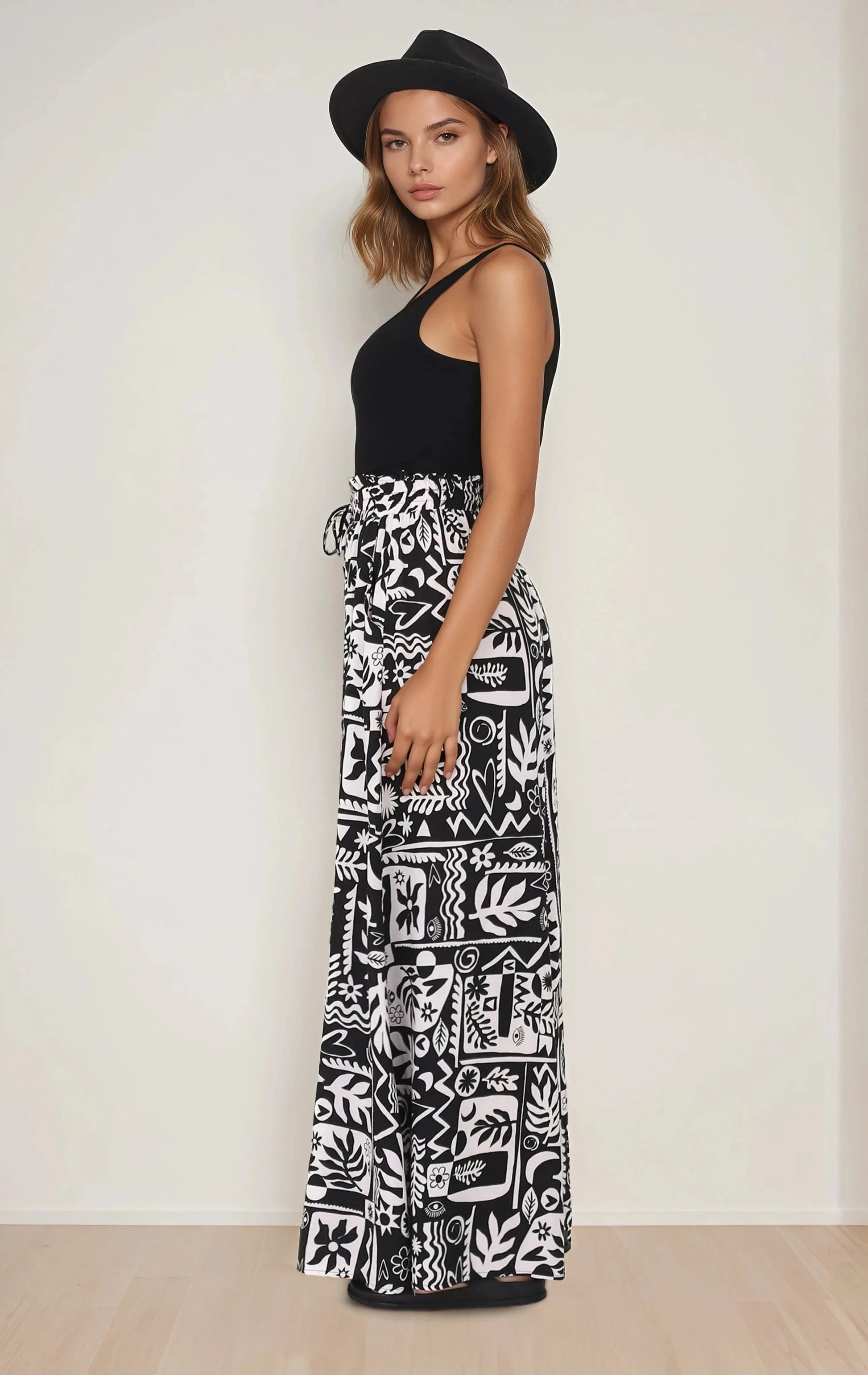 Ashora Pants - Paper Bag High Waisted Wide Leg Pants with Black & White Graphic Print