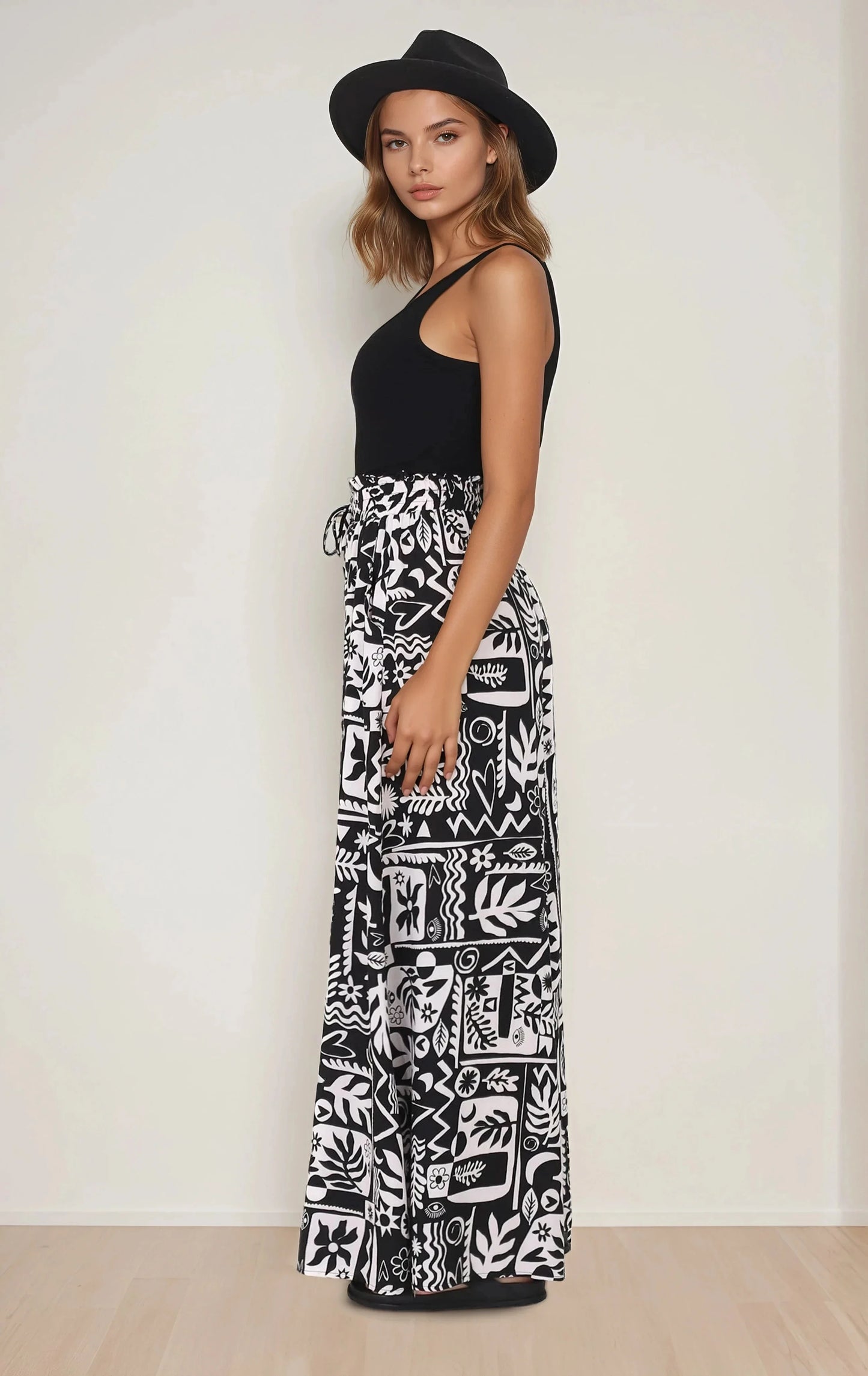 Ashora Pants - Paper Bag High Waisted Wide Leg Pants with Black & White Graphic Print