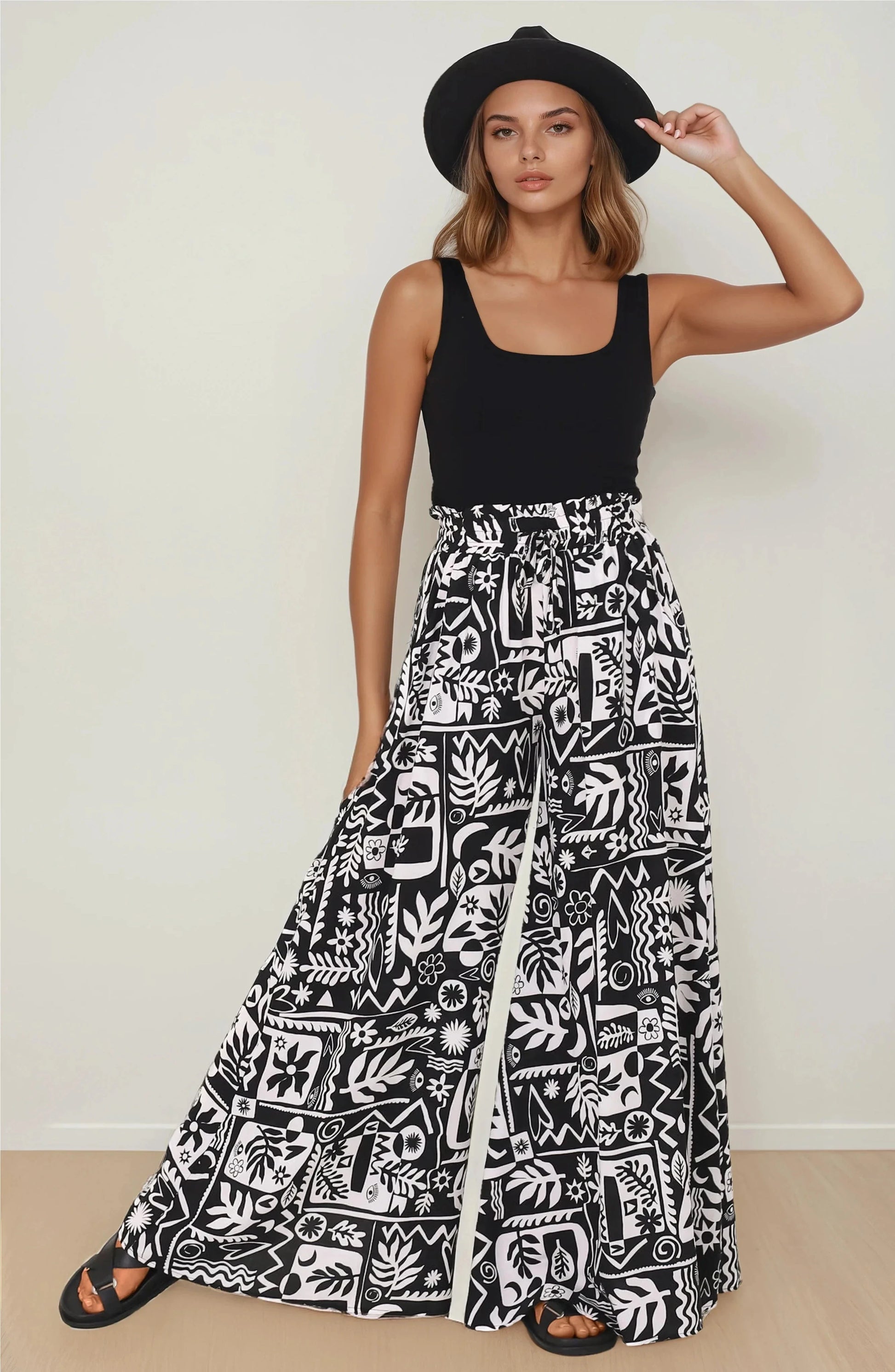 Ashora Pants - Paper Bag High Waisted Wide Leg Pants with Black & White Graphic Print