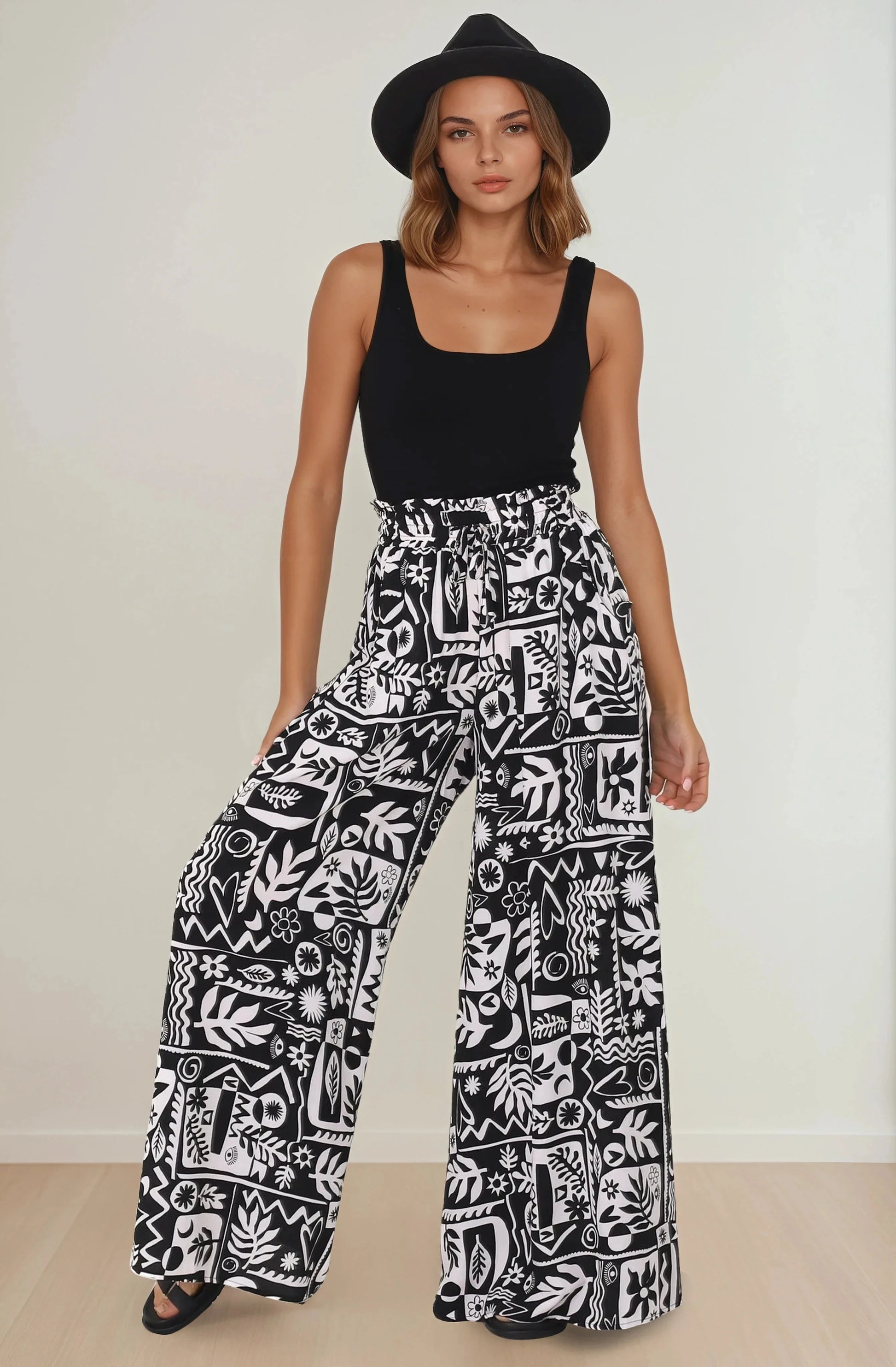 Ashora Pants - Paper Bag High Waisted Wide Leg Pants with Black & White Graphic Print
