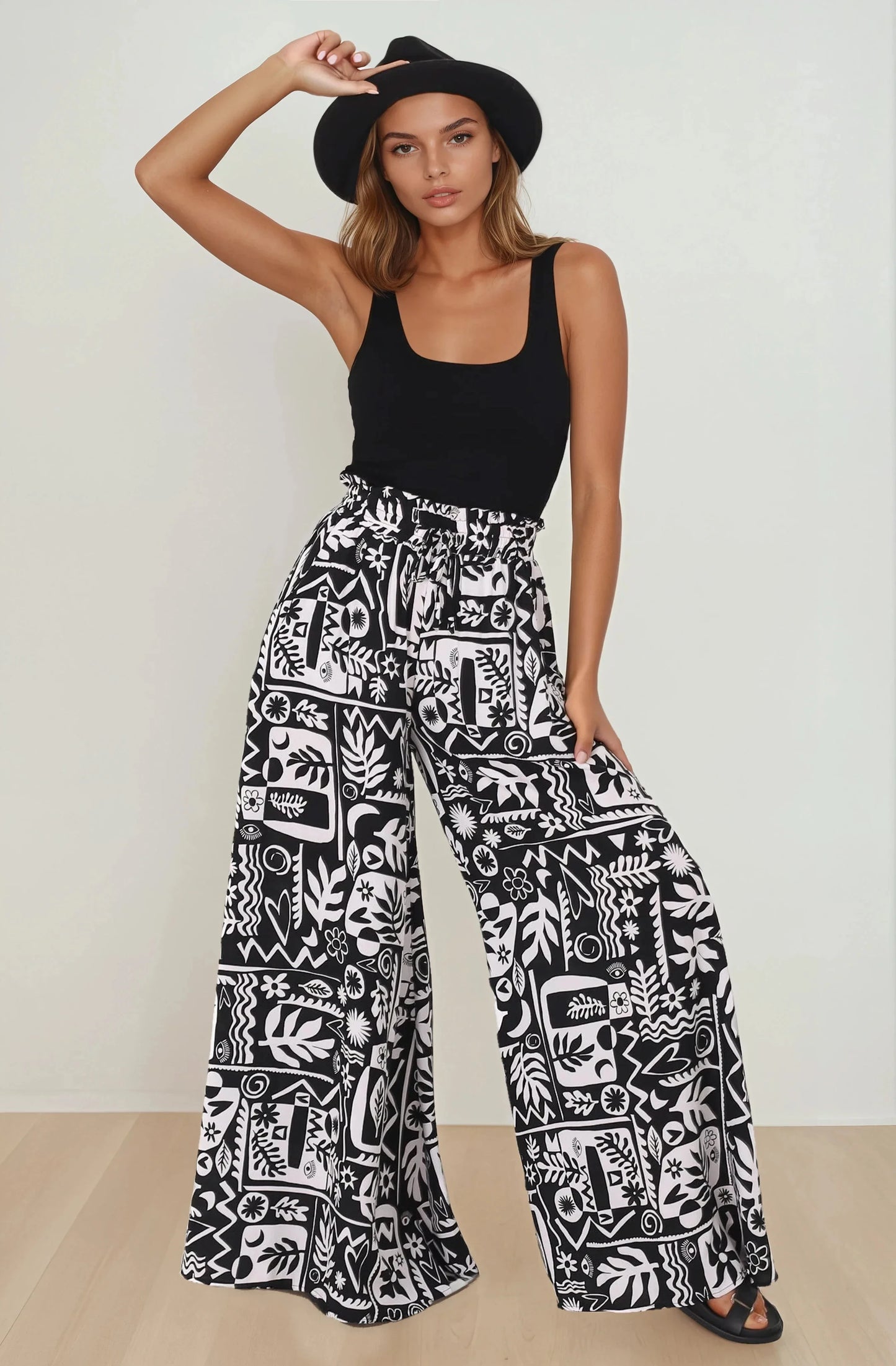 Ashora Pants - Paper Bag High Waisted Wide Leg Pants with Black & White Graphic Print