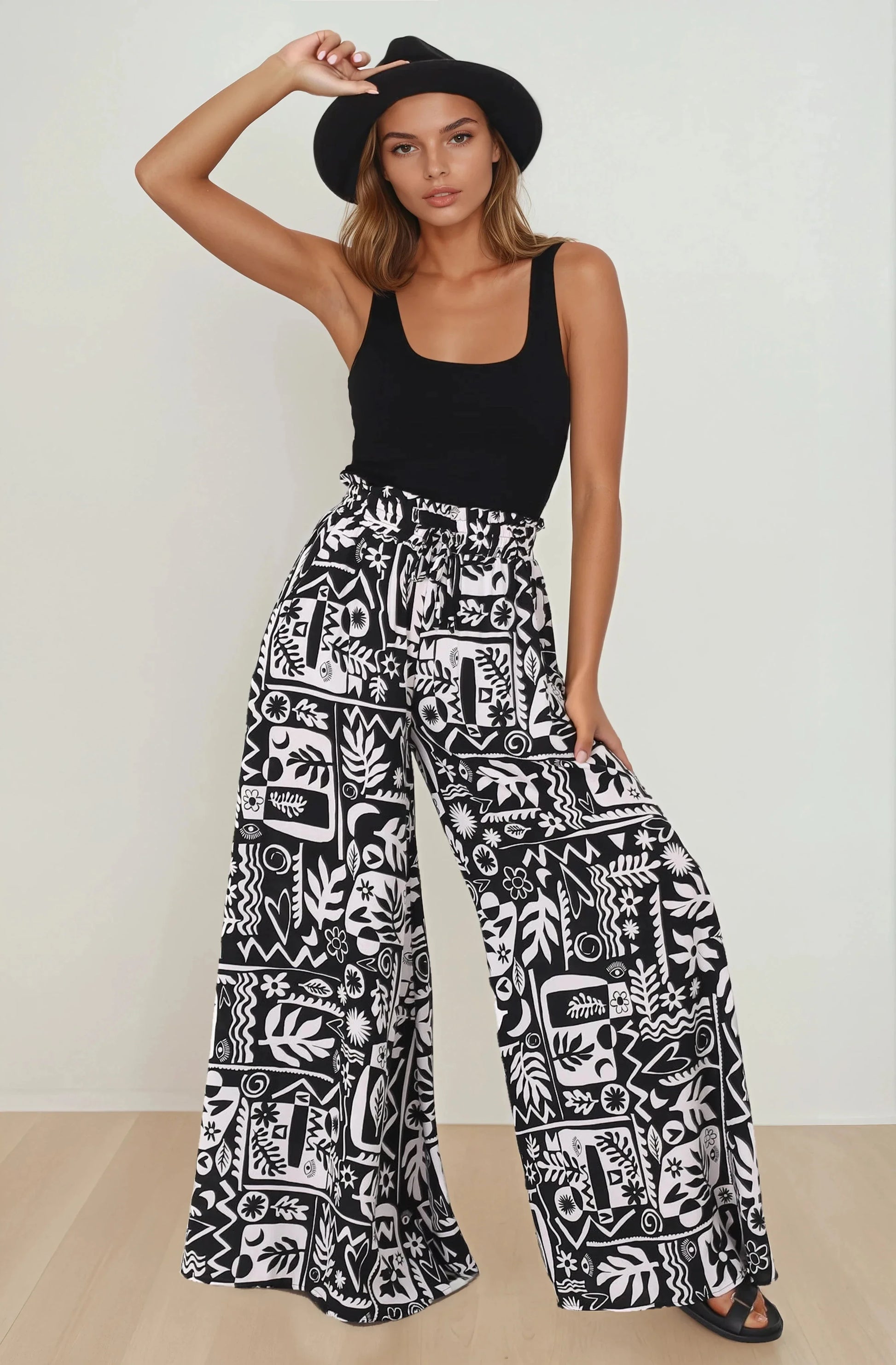 Ashora Pants - Paper Bag High Waisted Wide Leg Pants with Black & White Graphic Print