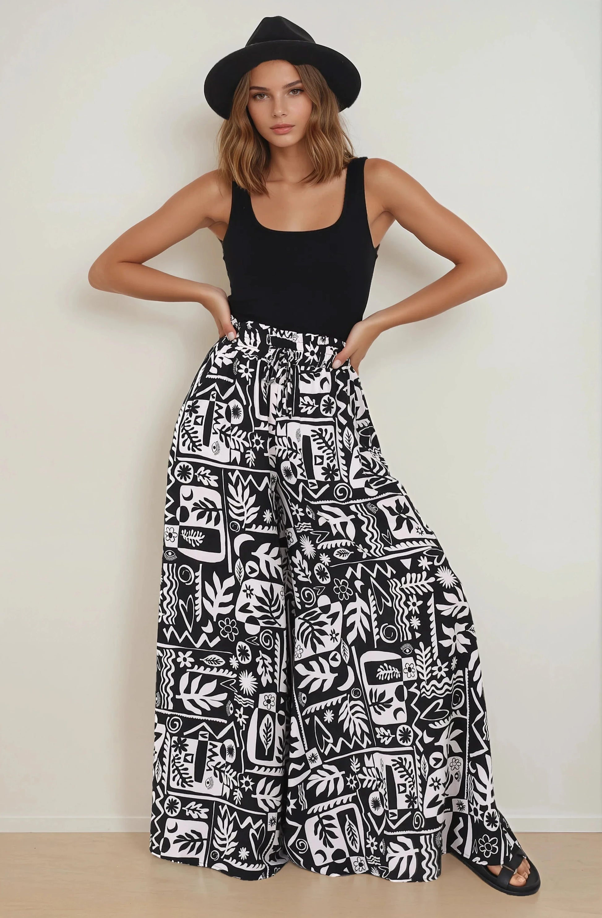 Ashora Pants - Paper Bag High Waisted Wide Leg Pants with Black & White Graphic Print
