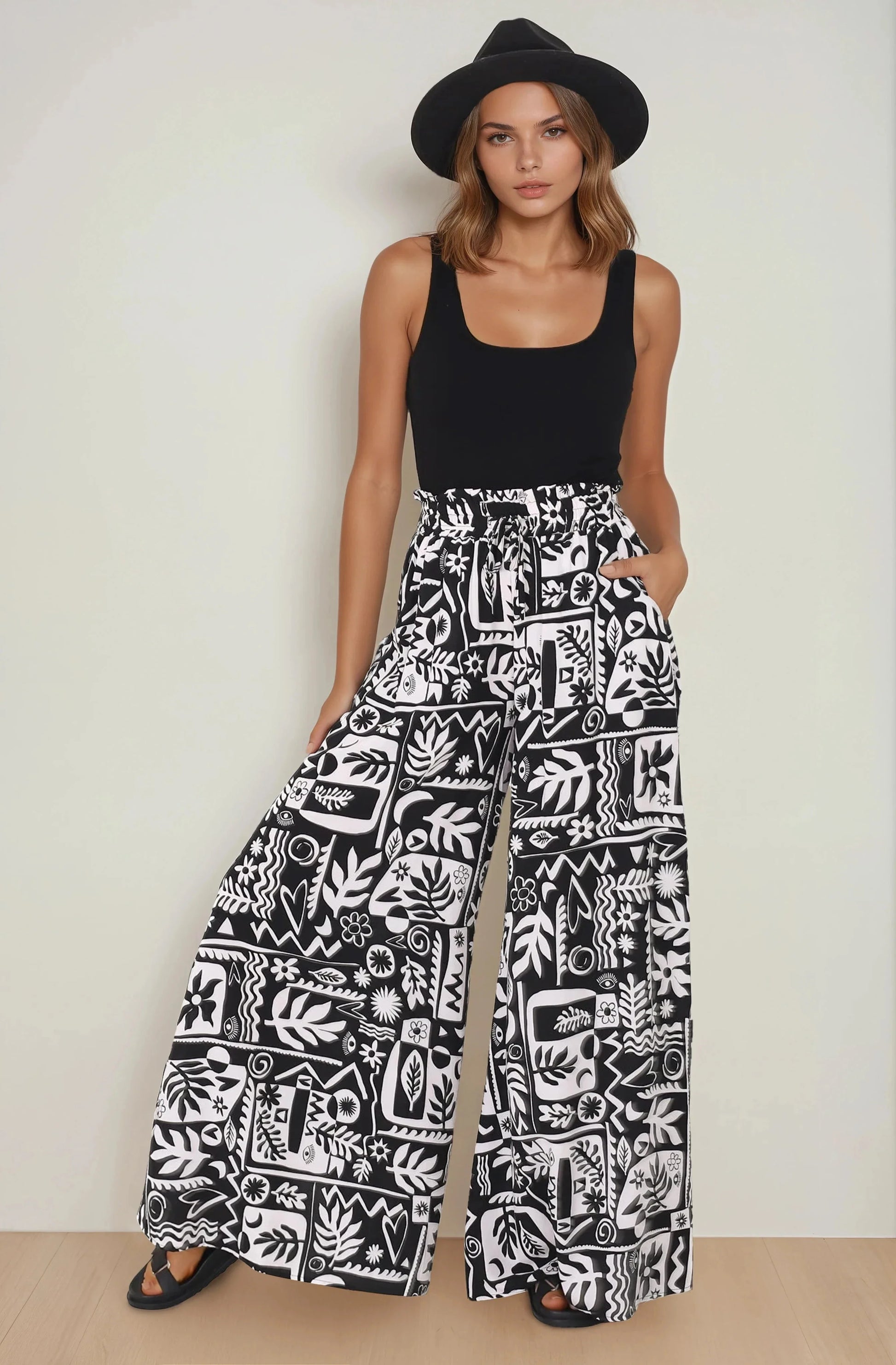 Ashora Pants - Paper Bag High Waisted Wide Leg Pants with Black & White Graphic Print