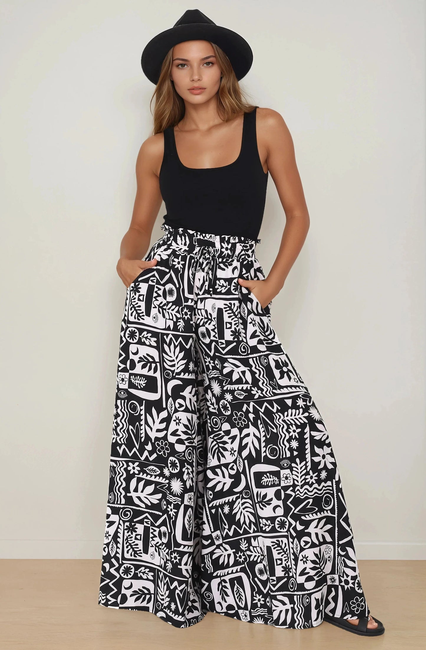 Ashora Pants - Paper Bag High Waisted Wide Leg Pants with Black & White Graphic Print