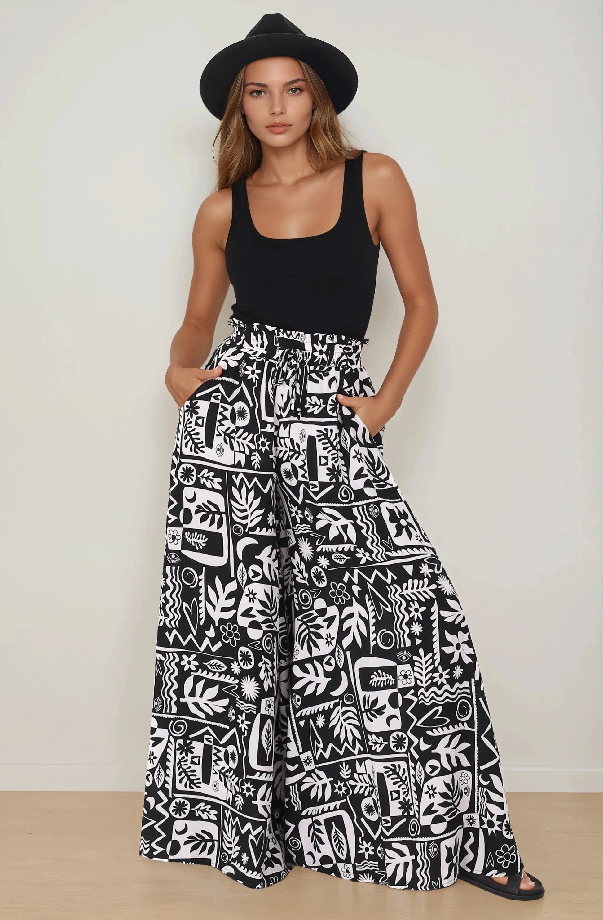 Ashora Pants - Paper Bag High Waisted Wide Leg Pants with Black & White Graphic Print