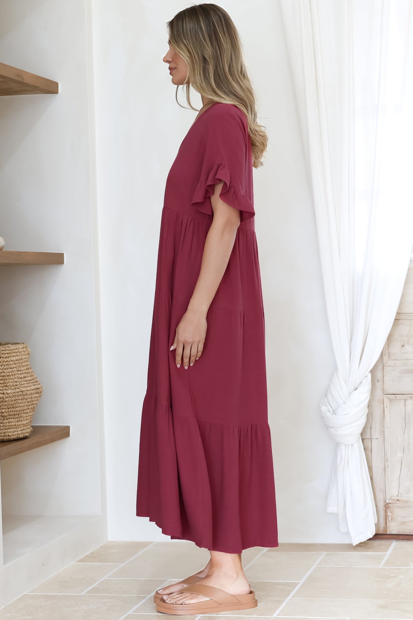 Audrina Midi Dress -  V-Neck Tiered Linen Dress wi