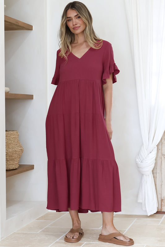 Audrina Midi Dress -  V-Neck Tiered Linen Dress wi