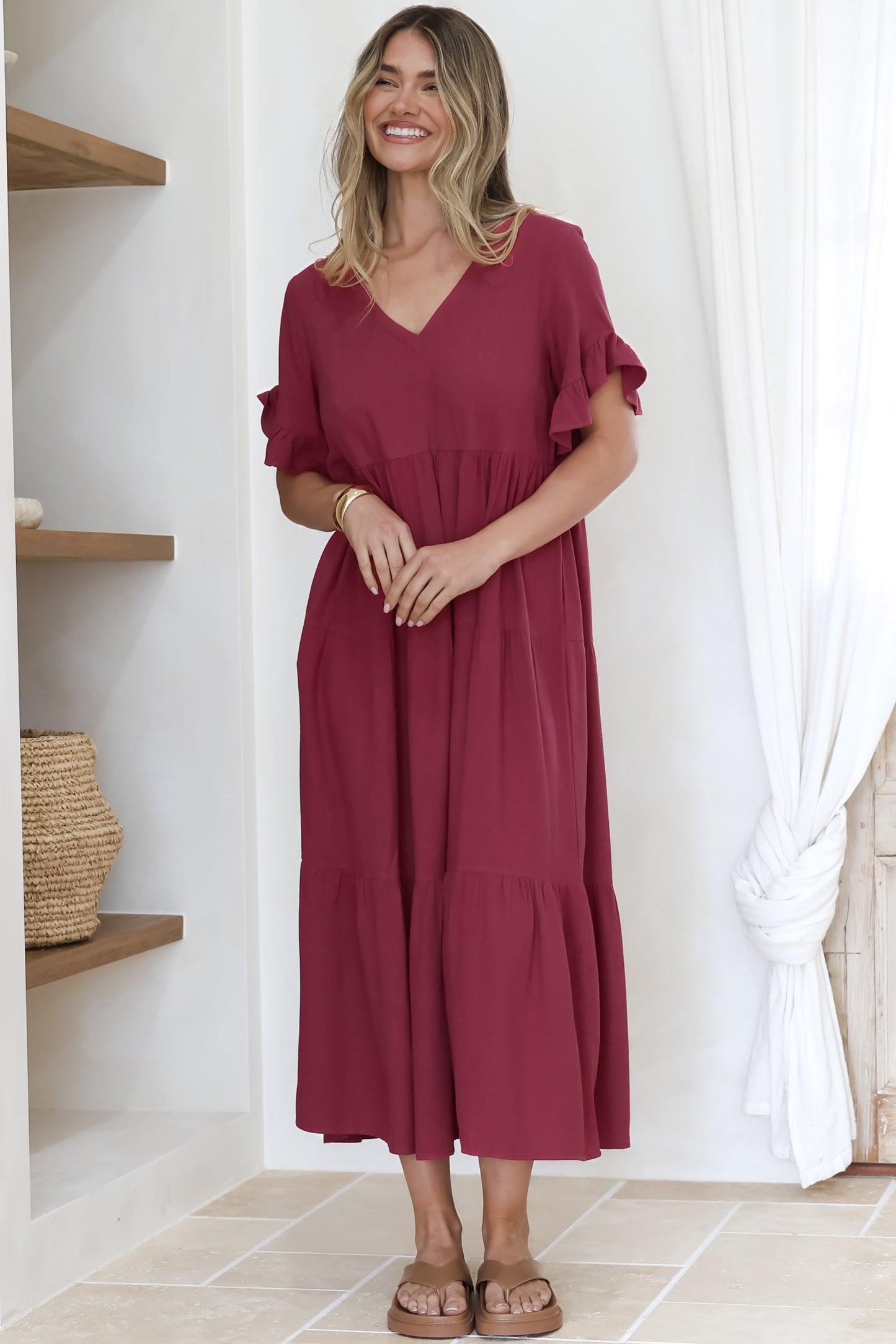 Audrina Midi Dress -  V-Neck Tiered Linen Dress wi