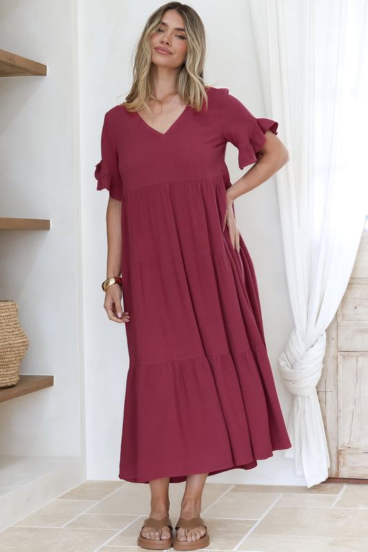 Audrina Midi Dress -  V-Neck Tiered Linen Dress wi