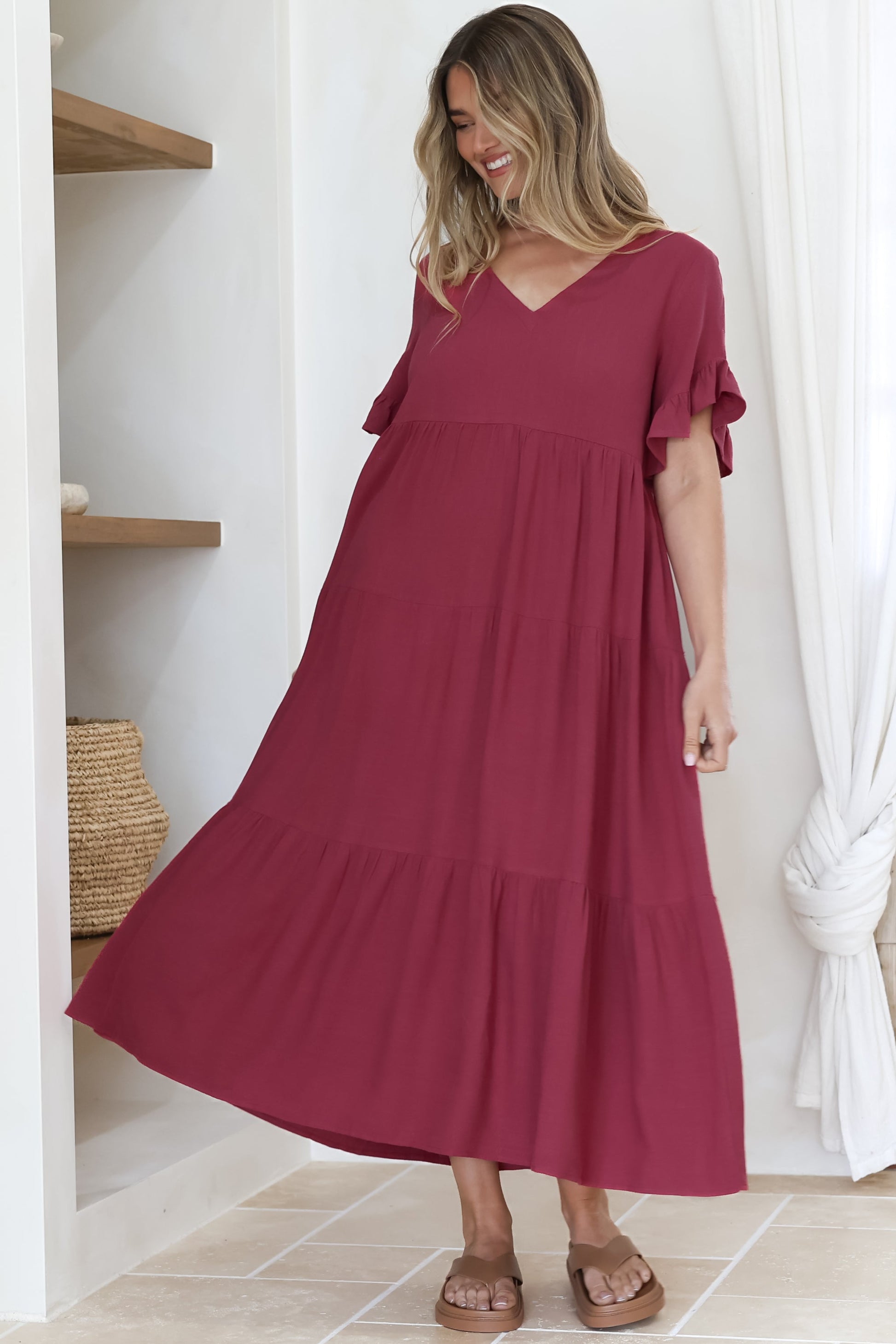 Audrina Midi Dress -  V-Neck Tiered Linen Dress wi