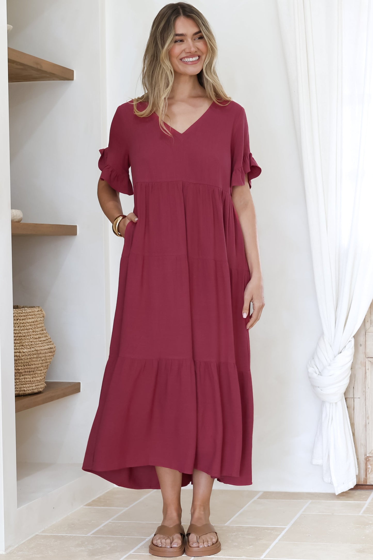 Audrina Midi Dress -  V-Neck Tiered Linen Dress wi
