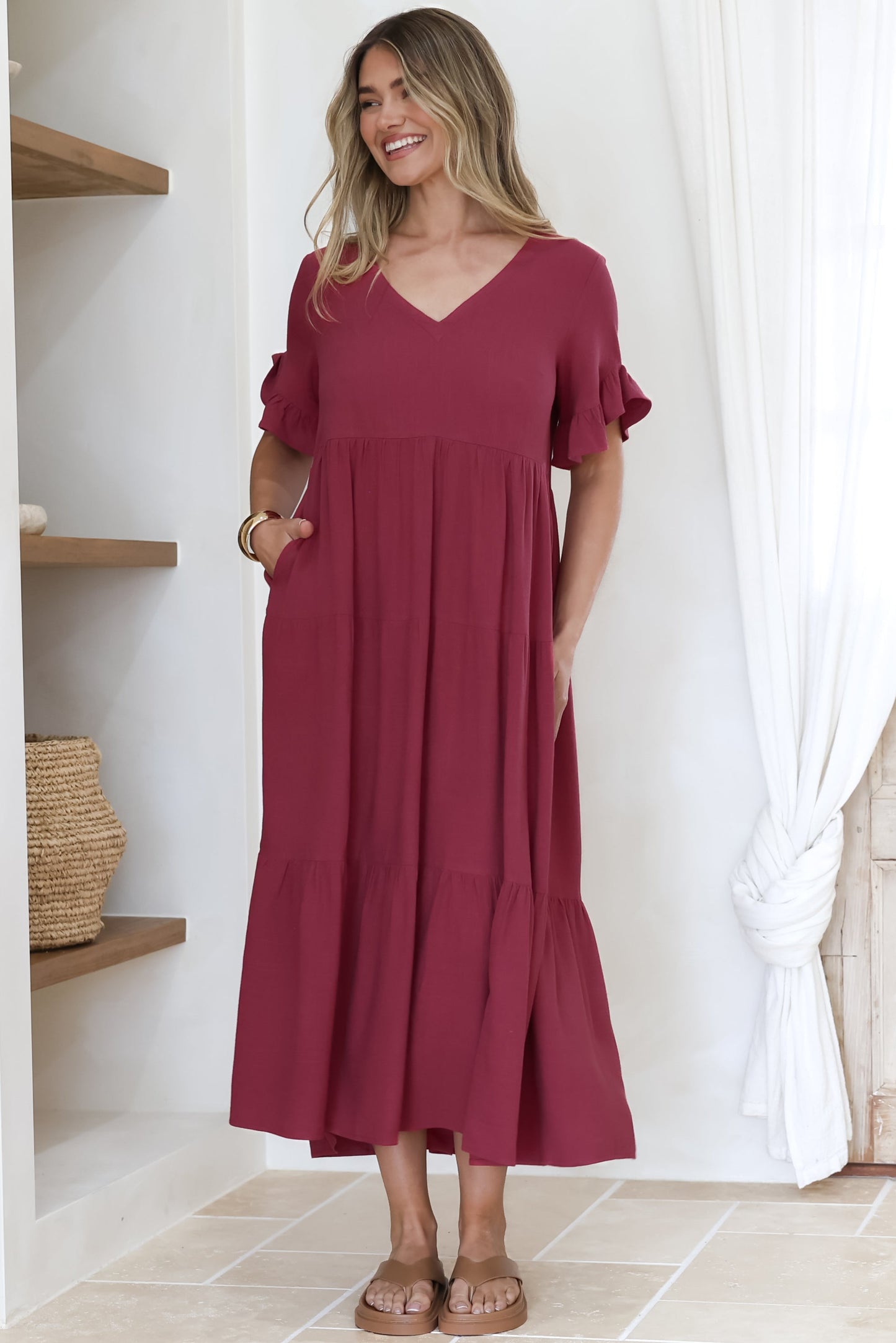 Audrina Midi Dress -  V-Neck Tiered Linen Dress wi