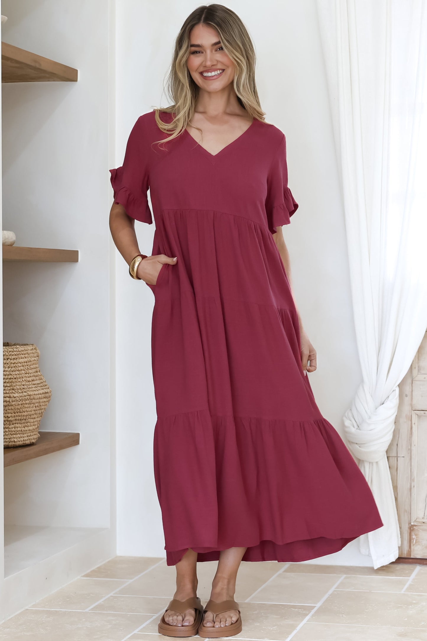 Audrina Midi Dress -  V-Neck Tiered Linen Dress wi