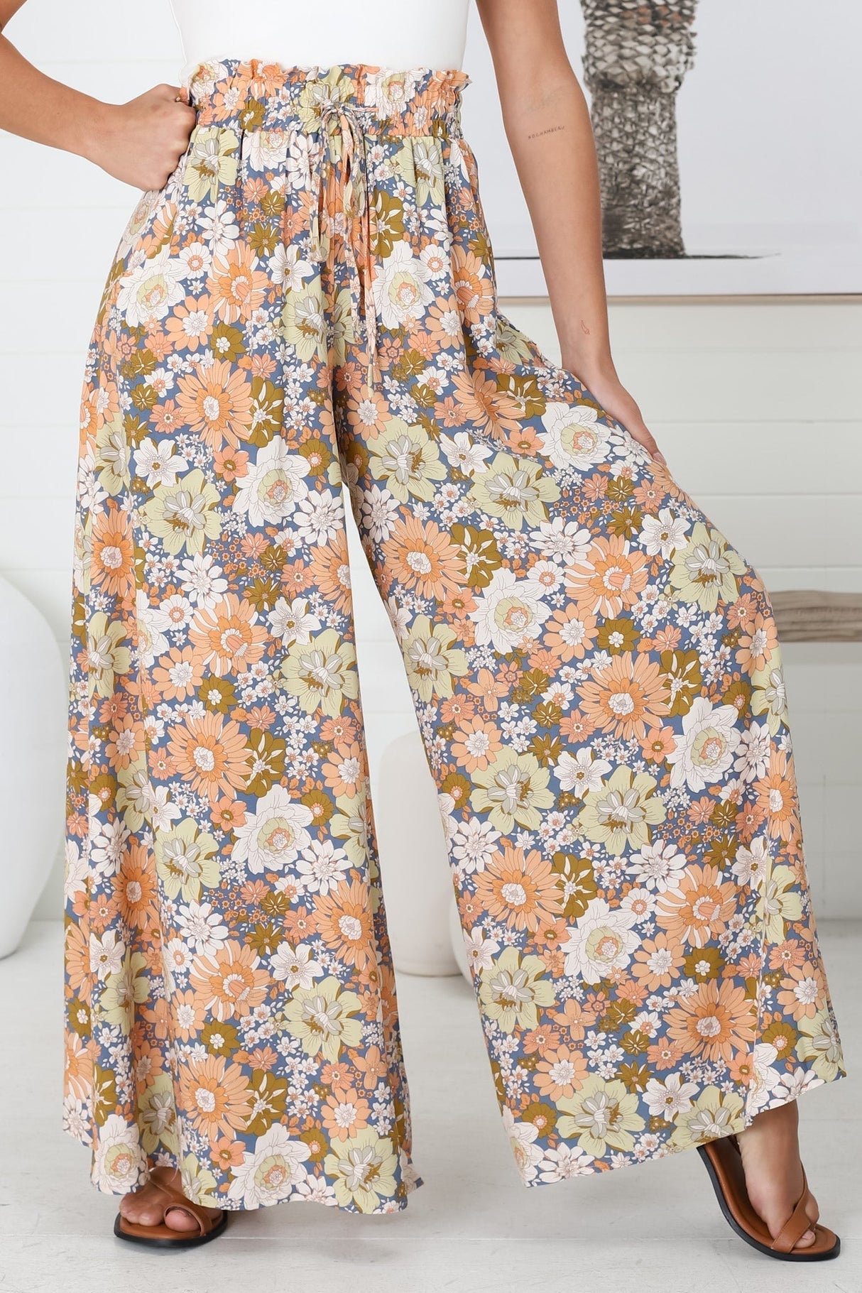 Avianna Pants - Paper Bag High Waisted Wide Leg Pants In Floral Print