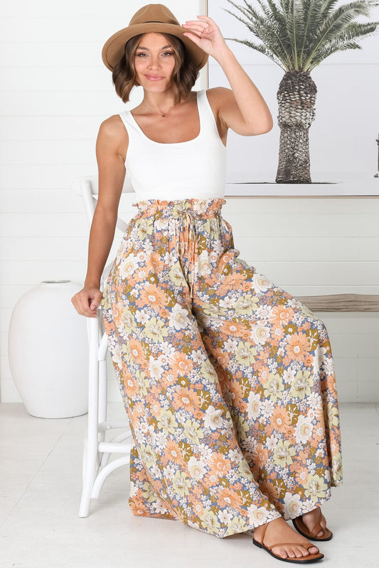 Avianna Pants - Paper Bag High Waisted Wide Leg Pants In Floral Print