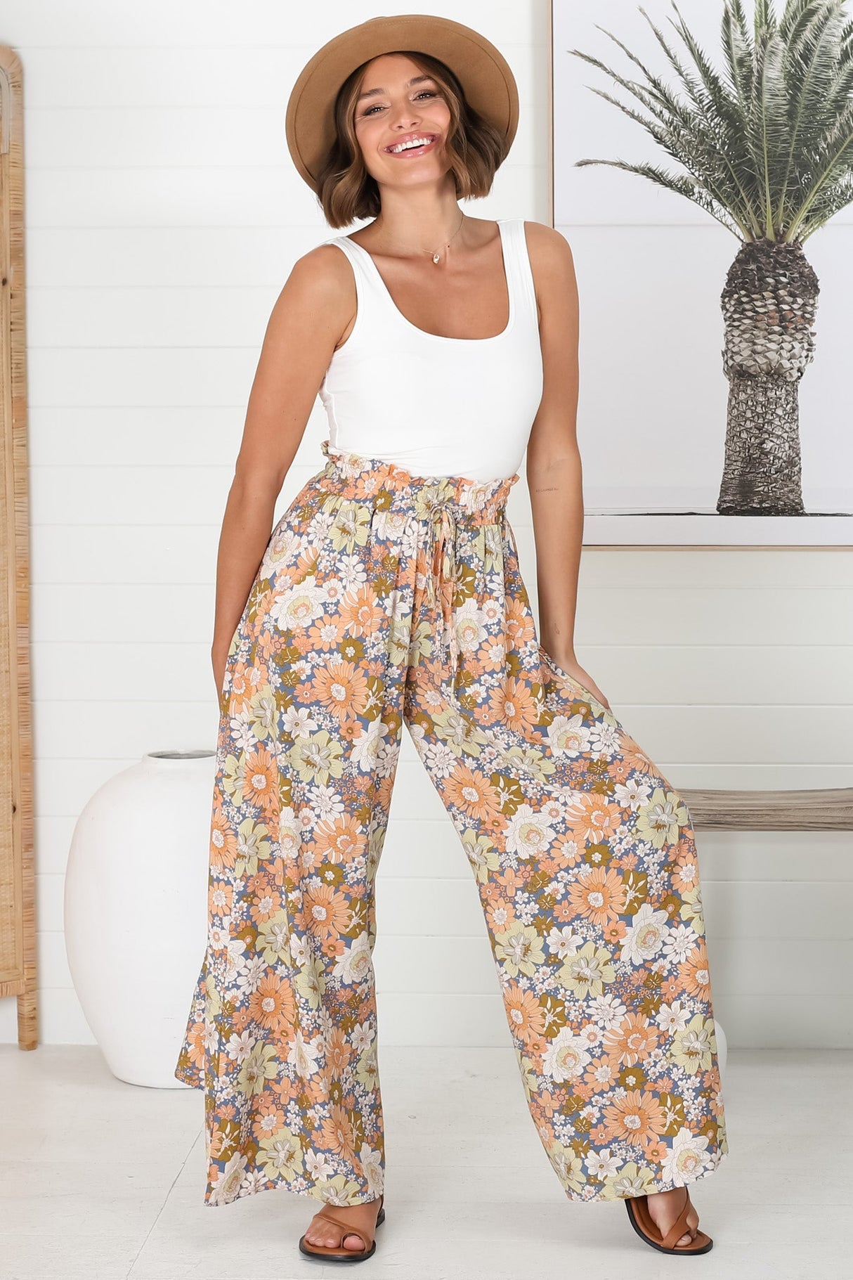 Avianna Pants - Paper Bag High Waisted Wide Leg Pants In Floral Print