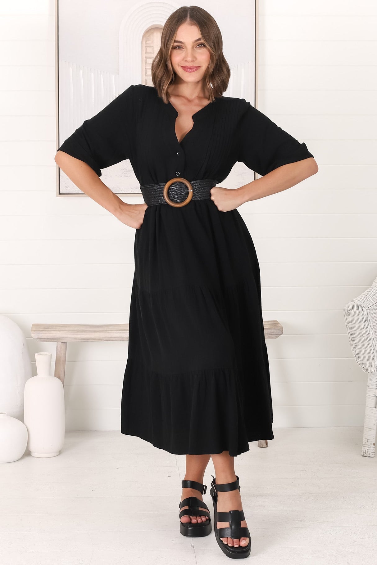 Ayva Midi Dress - 3/4 Sleeve Tiered Smock Dress In Black