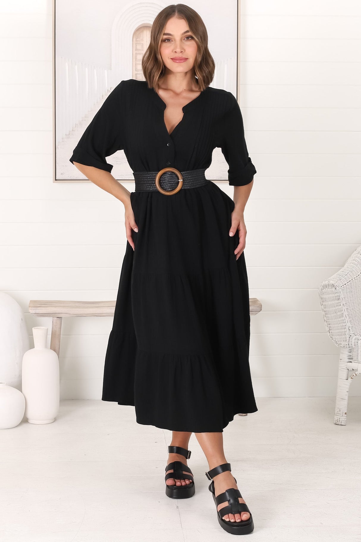 Ayva Midi Dress - 3/4 Sleeve Tiered Smock Dress In Black