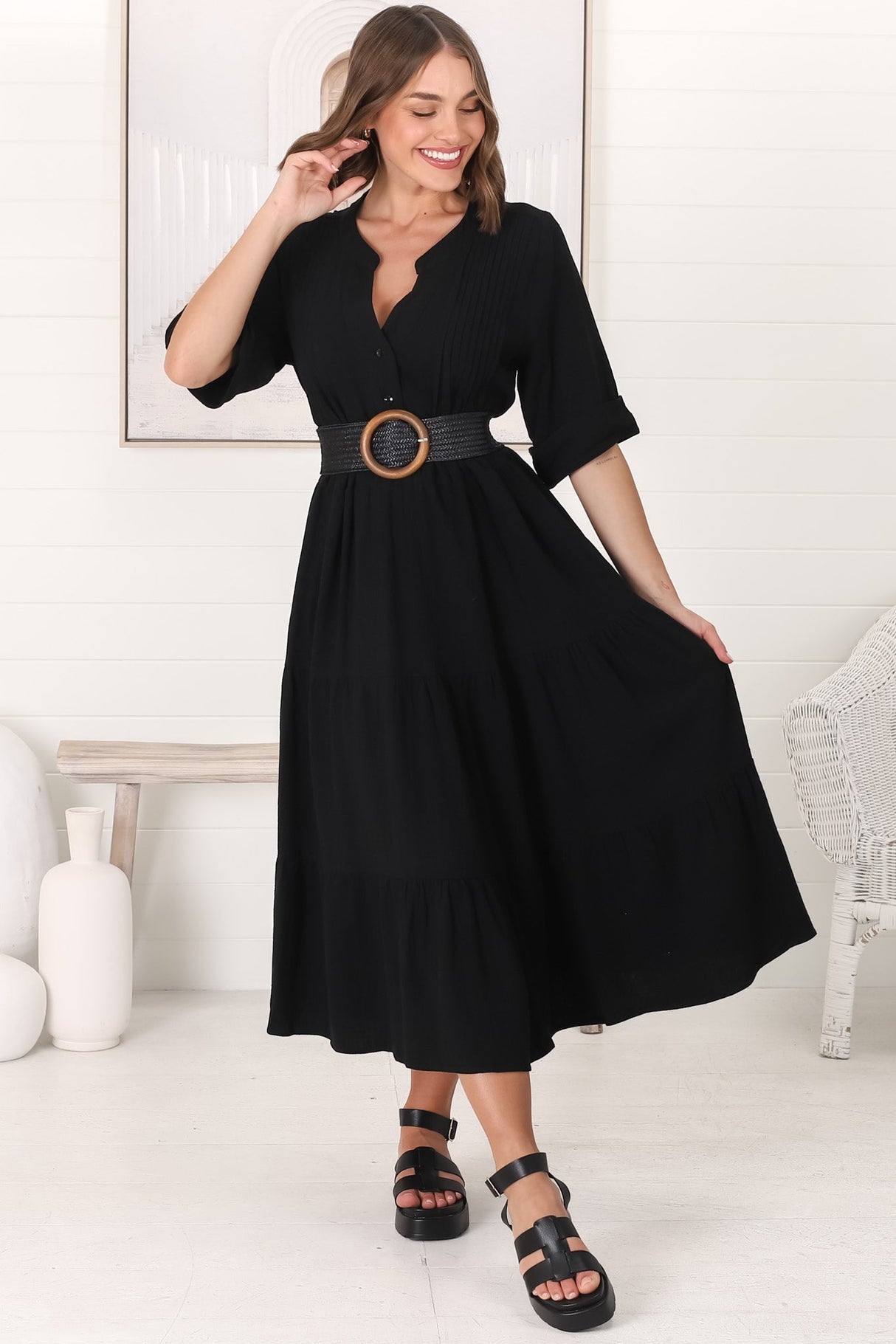 Ayva Midi Dress - 3/4 Sleeve Tiered Smock Dress In Black