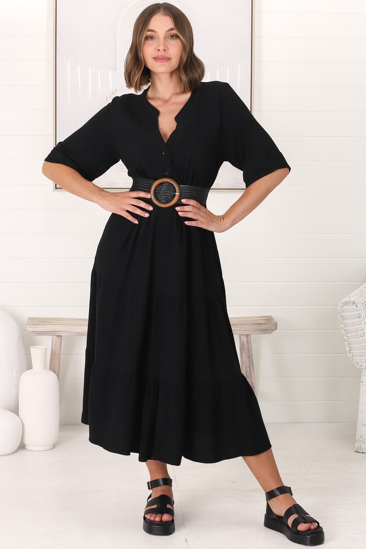 Ayva Midi Dress - 3/4 Sleeve Tiered Smock Dress In Black