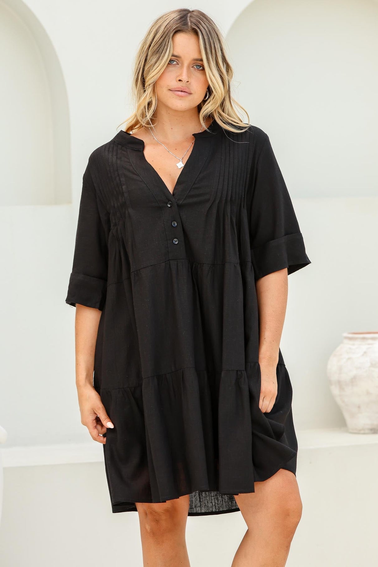 Ayva Mini Dress - 3/4 Sleeve Tiered Smock Dress In Black