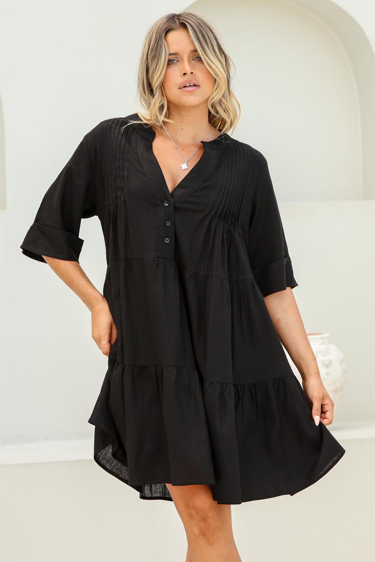 Ayva Mini Dress - 3/4 Sleeve Tiered Smock Dress In Black