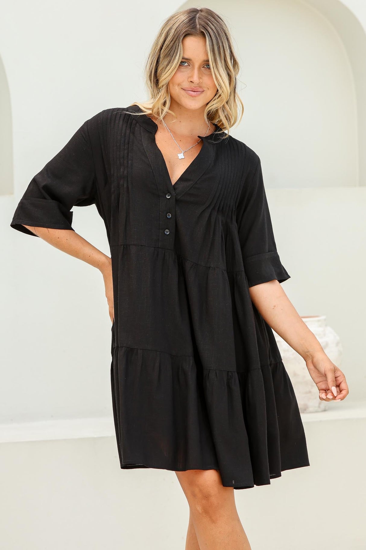 Ayva Mini Dress - 3/4 Sleeve Tiered Smock Dress In Black
