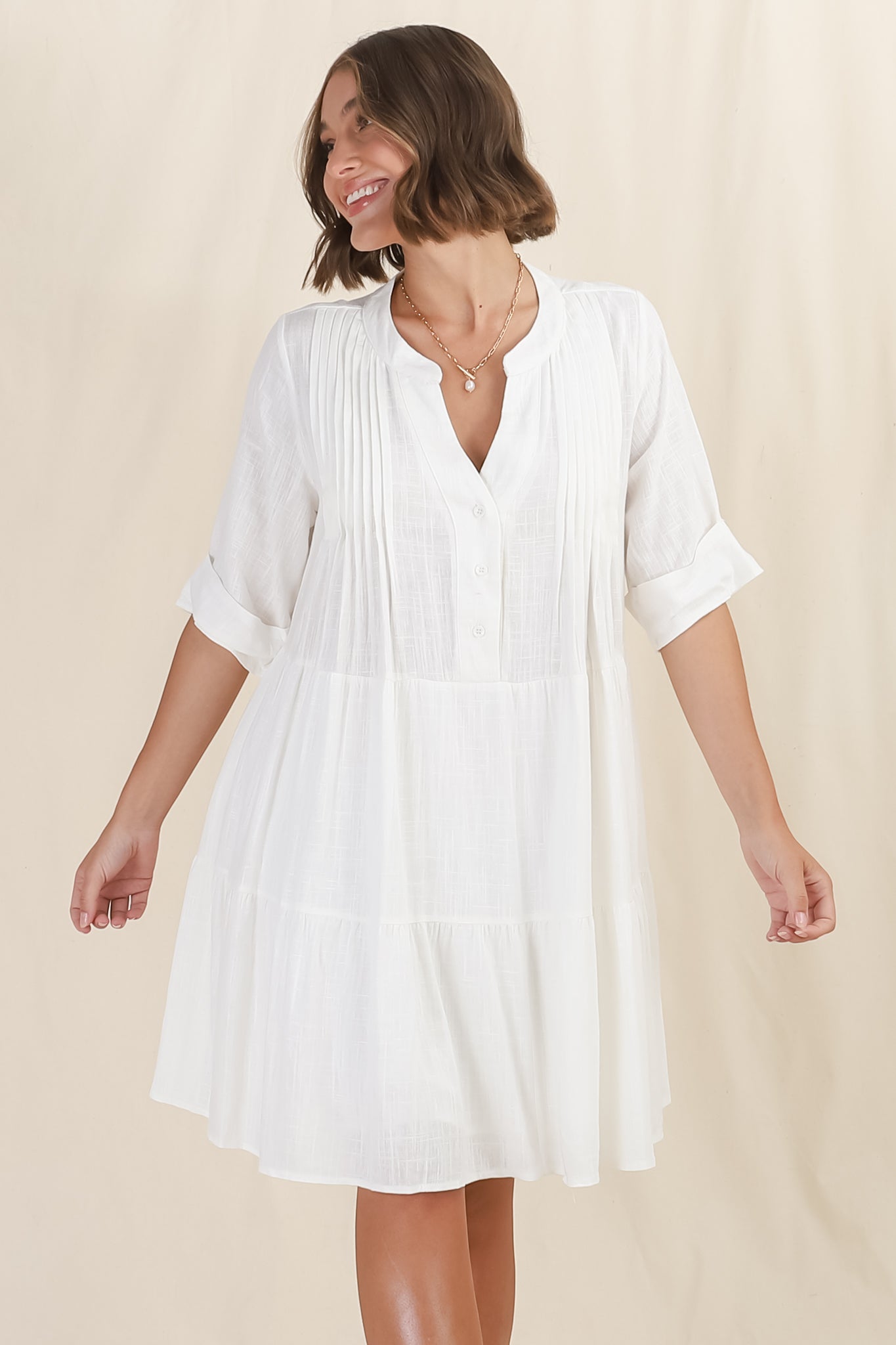 Ayva Mini Dress - 3/4 Sleeve Tiered Smock Dress in