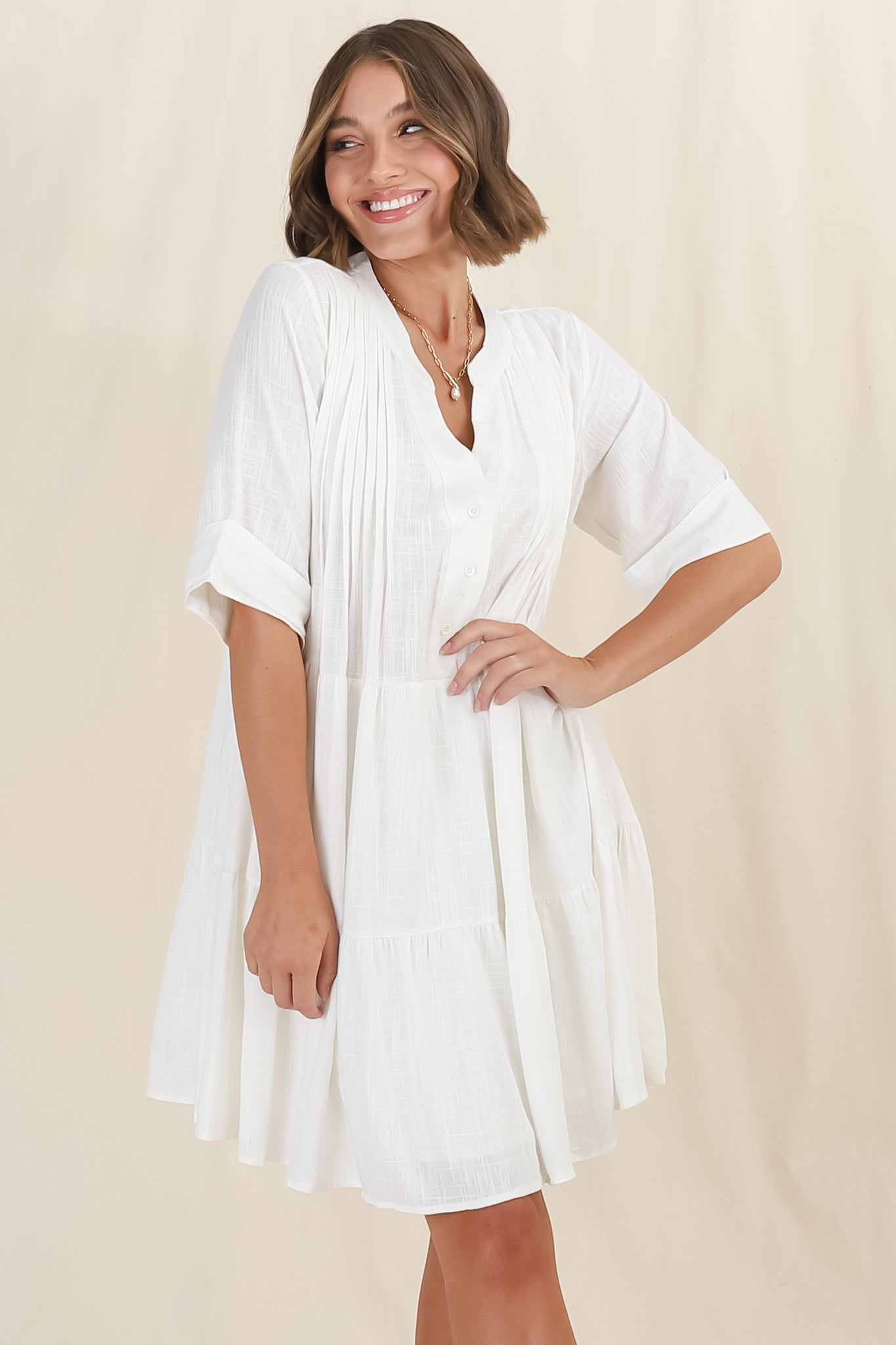 Ayva Mini Dress - 3/4 Sleeve Tiered Smock Dress in