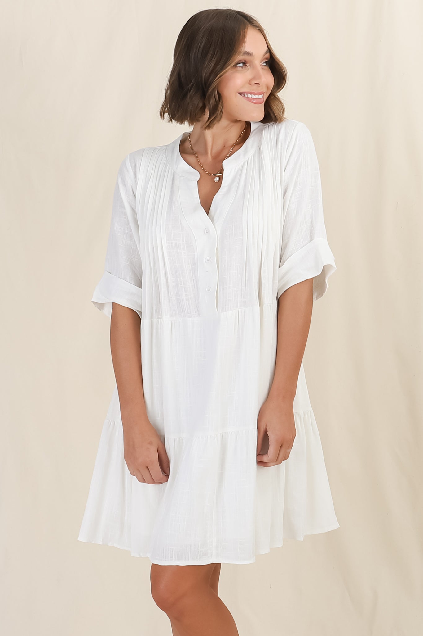 Ayva Mini Dress - 3/4 Sleeve Tiered Smock Dress in