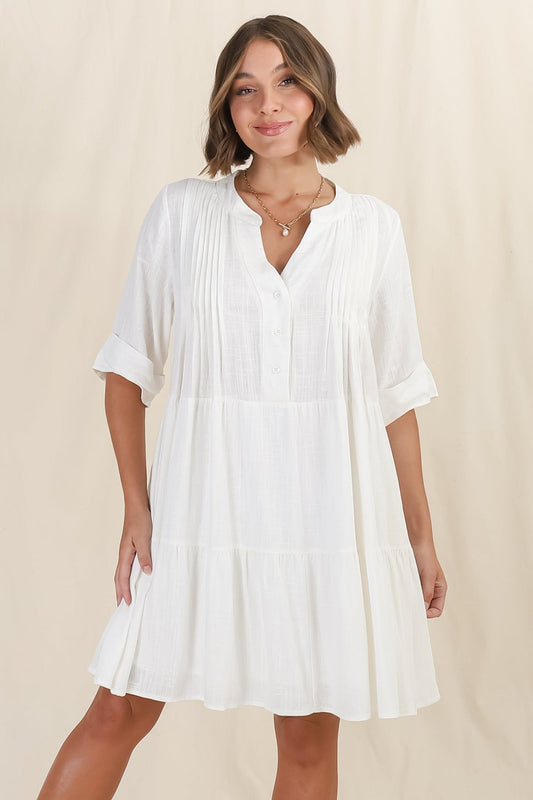 Ayva Mini Dress - 3/4 Sleeve Tiered Smock Dress In Off White