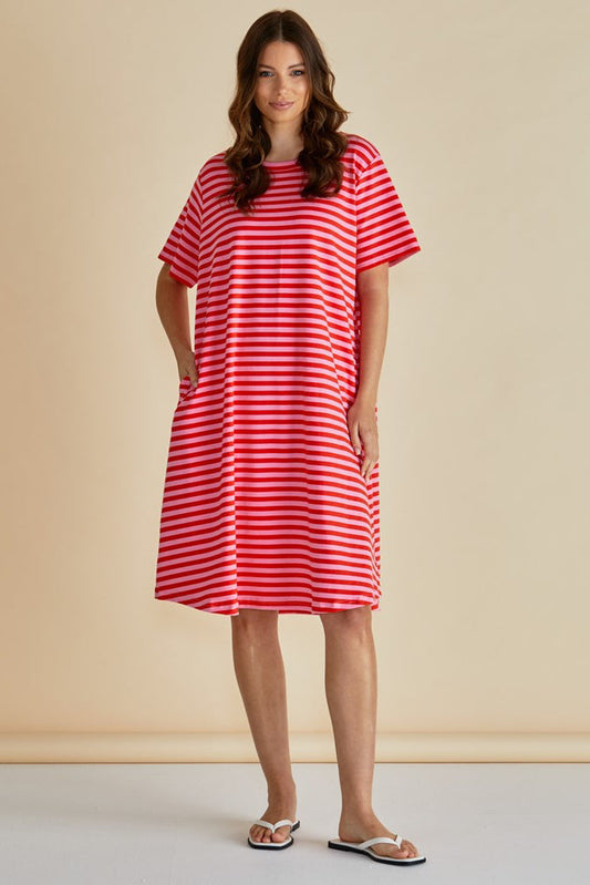 Eloise T-Shirt Dress - Pink/Red Stripe