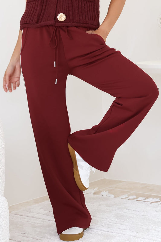 Beckham Pants - High Waisted Sports Stripe Pants In Burgandy