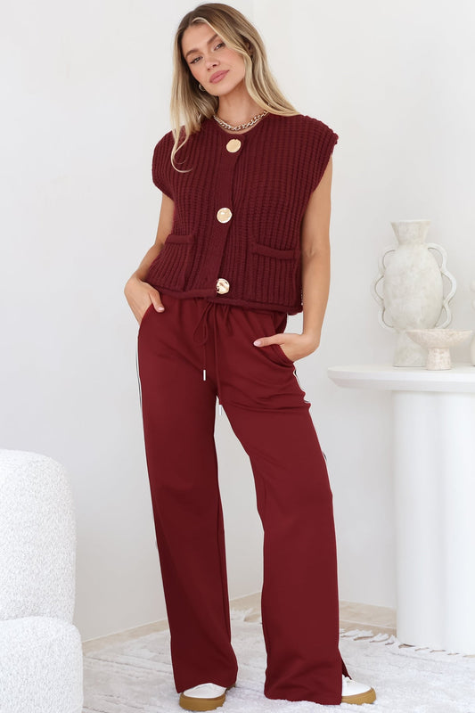 Beckham Pants - High Waisted Sports Stripe Pants In Burgandy