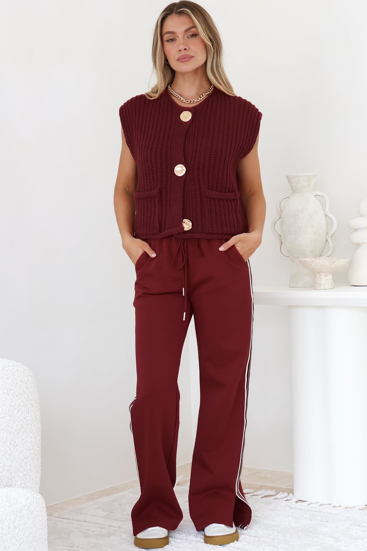 Beckham Pants - High Waisted Sports Stripe Pants In Burgandy