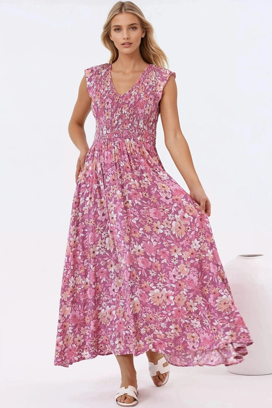 Bindy Midi Dress - V-Neck Elasticated Bodice Frill Cap Sleeve Dress In Doralee Print