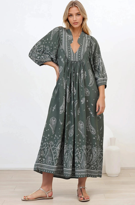 Jaase - Boheme Midi Dress: Piping Defined Bust Slimline Smock Dress In Constance Print