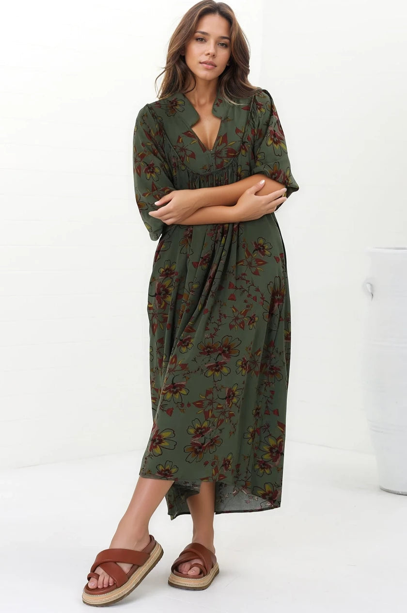 Jaase - Boheme Midi Dress: Piping Defined Bust Slimline Smock Dress In Esme Print