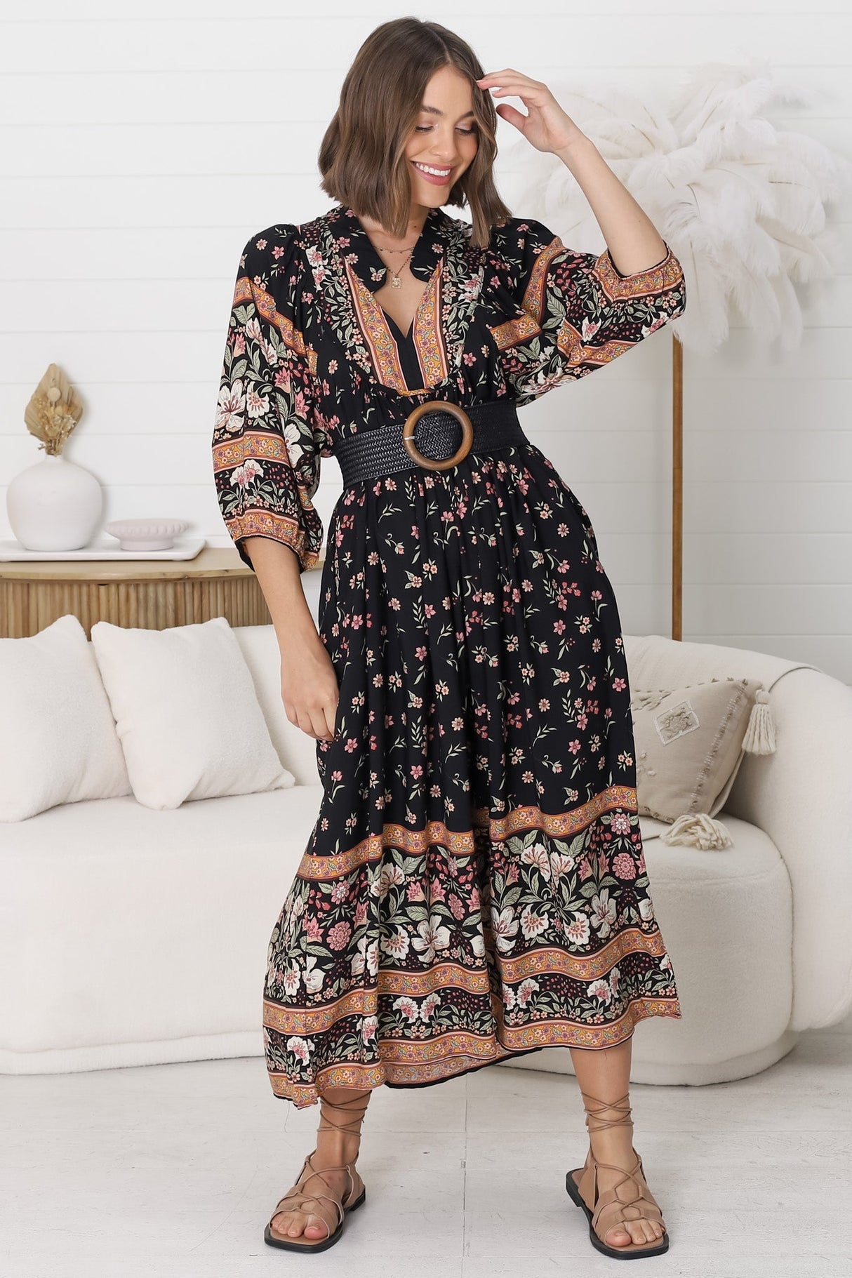 Jaase - Boheme Midi Dress: Piping Defined Bust Slimline Smock Dress In Eternity Print