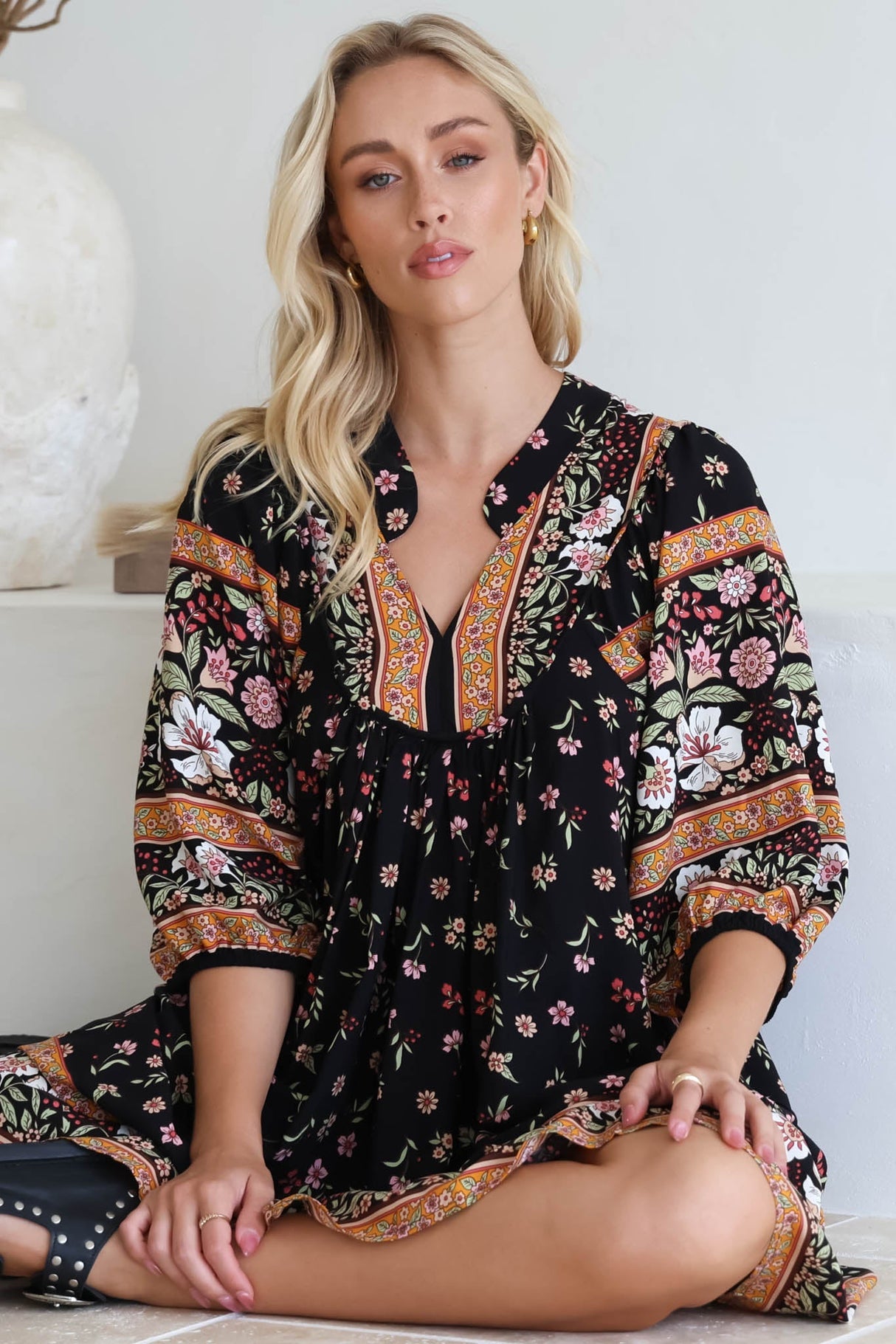 Jaase - Boheme Midi Dress: Piping Defined Bust Slimline Smock Dress In Eternity Print