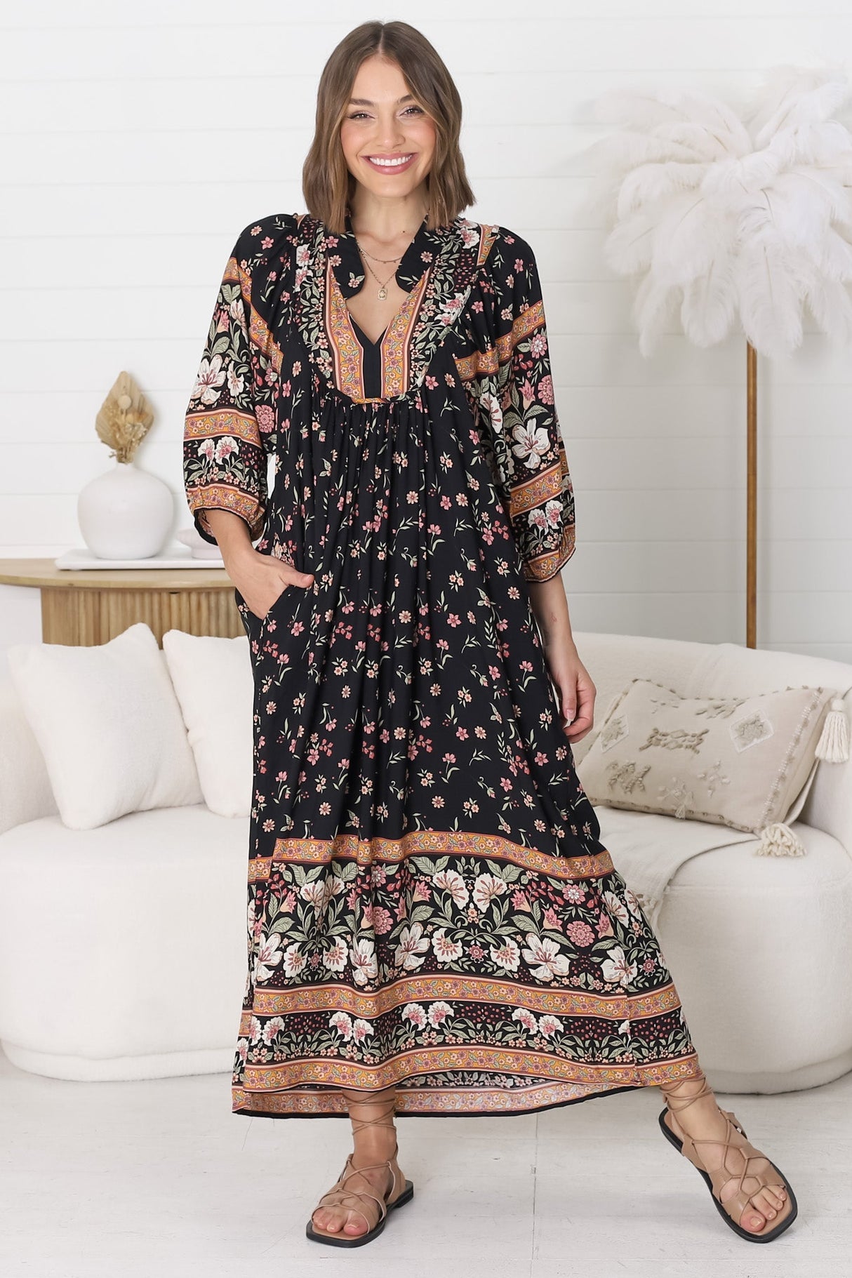 Jaase - Boheme Midi Dress: Piping Defined Bust Slimline Smock Dress In Eternity Print