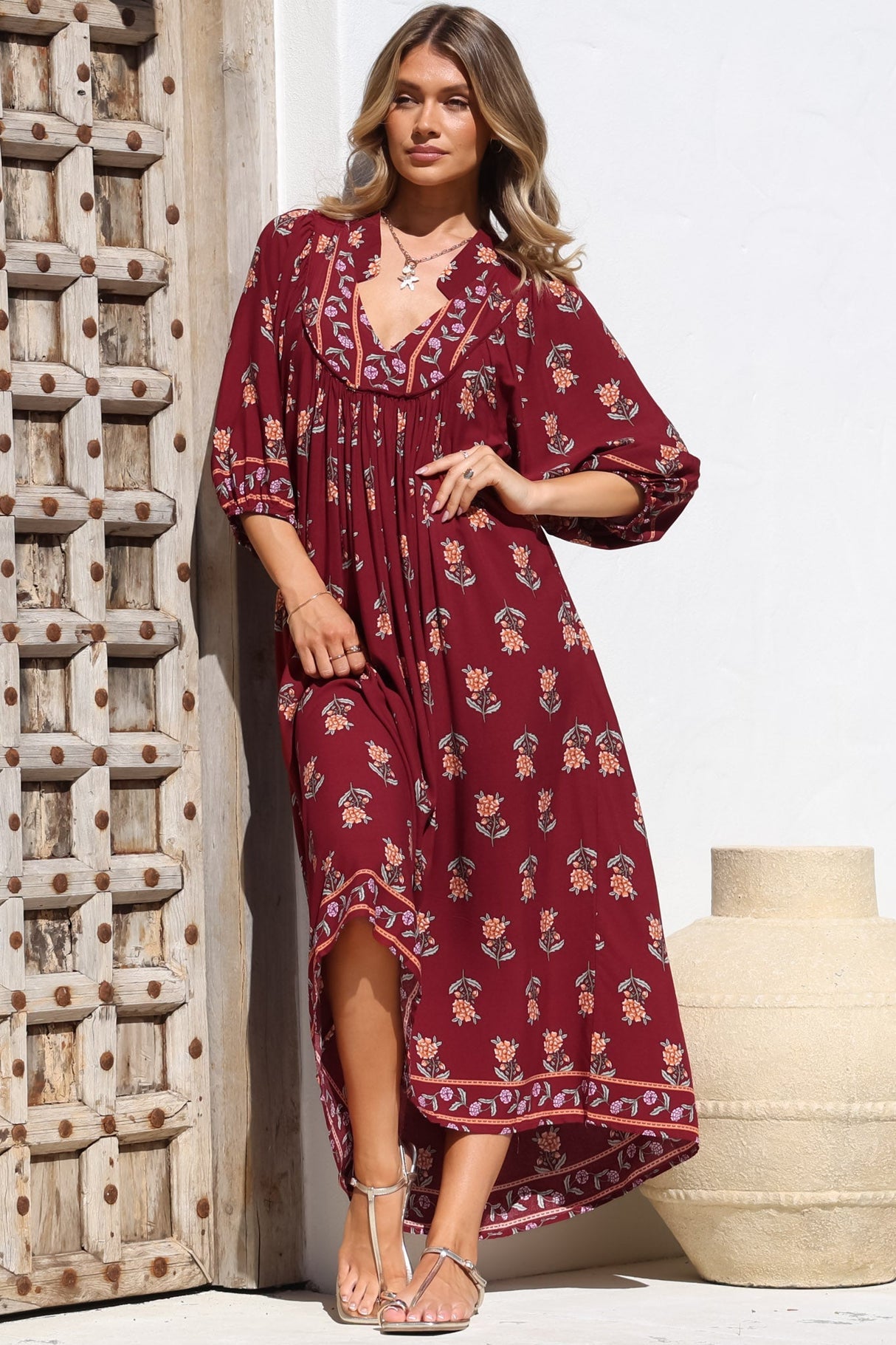 Jaase - Boheme Midi Dress: Piping Defined Bust 3/4 Sleeve Smock Dress In Grenache Print
