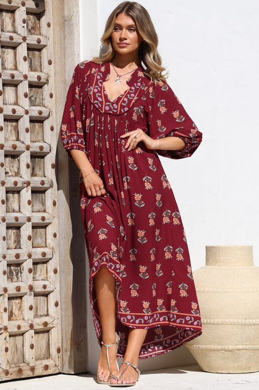Jaase - Boheme Midi Dress: Piping Defined Bust 3/4 Sleeve Smock Dress In Grenache Print